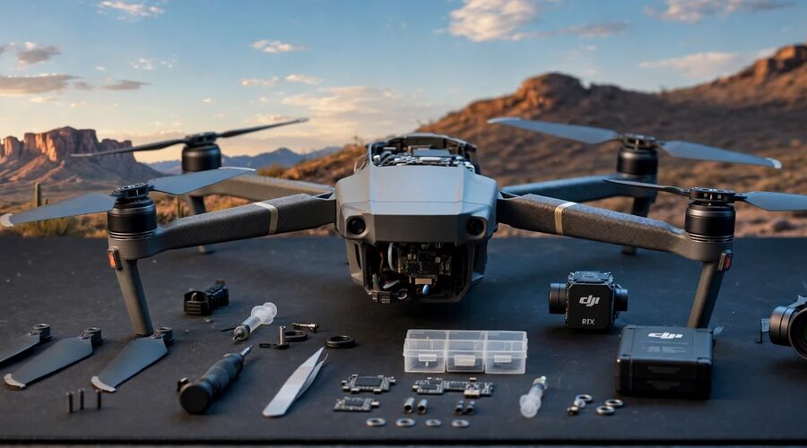 A DJI drone taken apart on a repair bench with its parts and tools laid out in front of a desert landscape